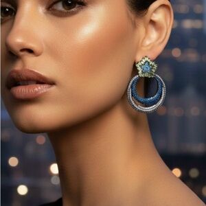 Statement Gunmetal & Blue Rhinestone Hoop Earrings with Floral Top